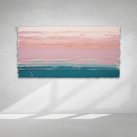 A peach, orange, coral, pale pink and teal thickly textured abstract painting hangs on a white wall with sunlight cascading over it.