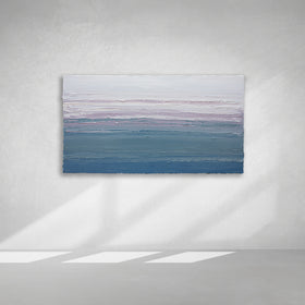 A white, lavender, teal and blue abstract heavily textured painting like sculpture by Teodora Guererra hangs on a white wall.
