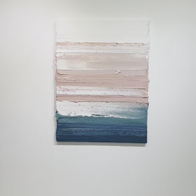 A video of a peach, coral, white and teal with lavender thick textured painting hanging on a white wall  by Teodora Guererra.