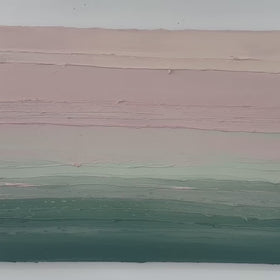 A video of a Light Coral, light pink, celadon and hunter green thickly textured abstract painting by Teodora Guererra on a white wall.