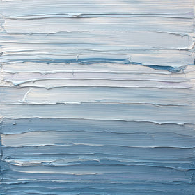 White and blue streaks of paint are applied in thick impasto on the painting's canvas surface. Wired and ready to hang.