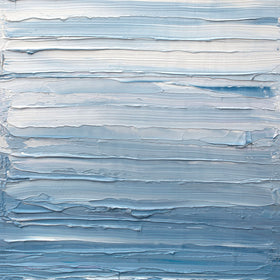 White and blue streaks of paint are applied in thick impasto on the painting's canvas surface. Wired and ready to hang.