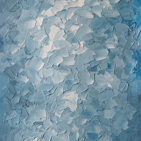 A blue and white abstract painting with thick impasto oil paint by Teodora Guererra.